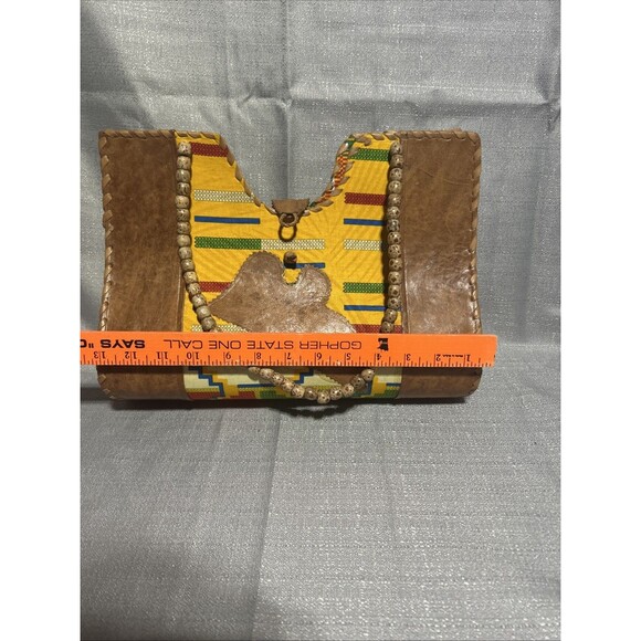 Handmade African Tote Bag Leather Wooden Beads Vibrant Colors Shape Kenate Bold - Picture 8 of 8